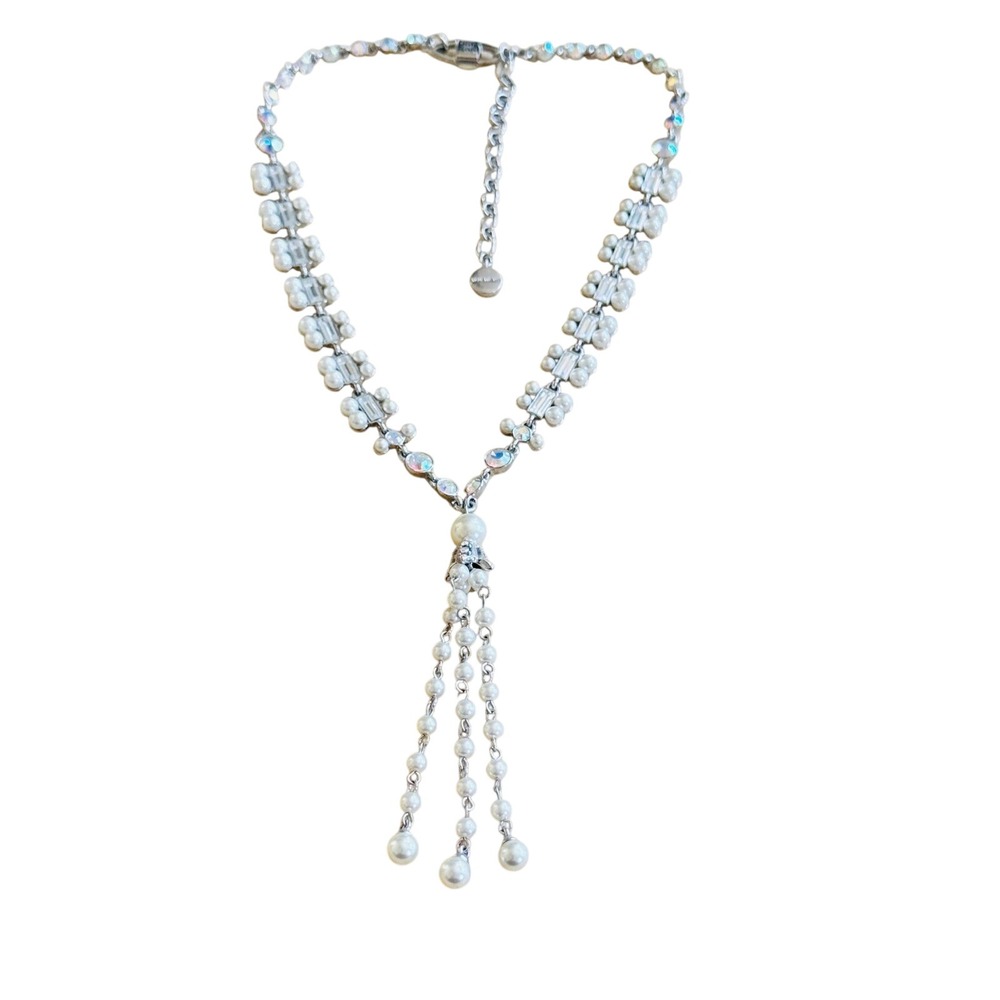 Givenchy Chandelier Necklace Aurora Borealis Crystal Rhinestone Pearl Tassel 18"